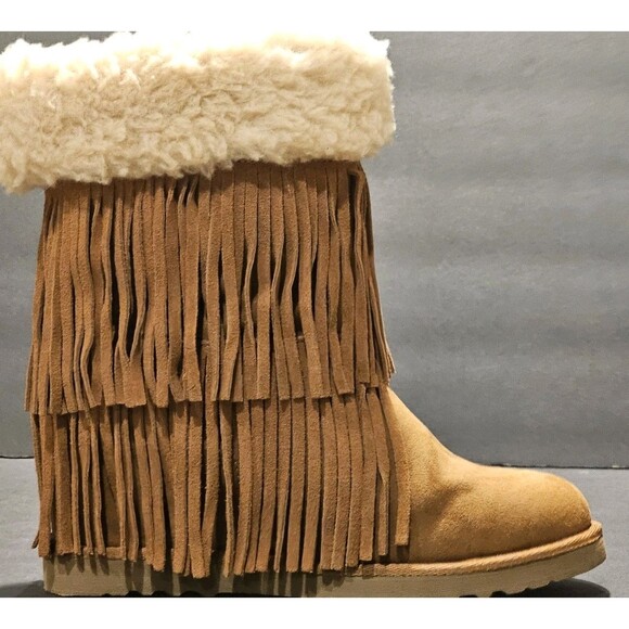 Madden Girl Sleet Fringe Hidden Wedge Boots Faux Fur Suede Chestnut Brown 9.5 M - Picture 8 of 14